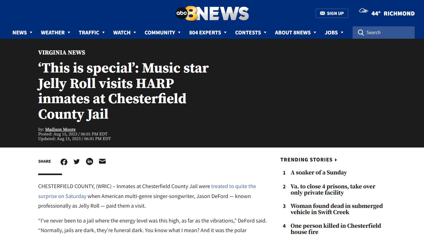 Music star Jelly Roll pays a visit to HARP inmates at Chesterfield ...