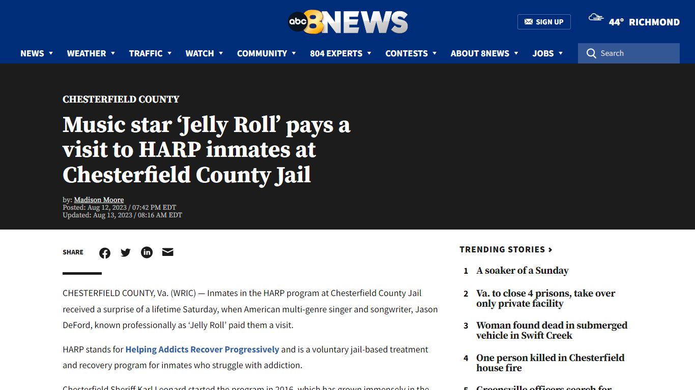 Music star ‘Jelly Roll’ pays a visit to HARP inmates at Chesterfield ...